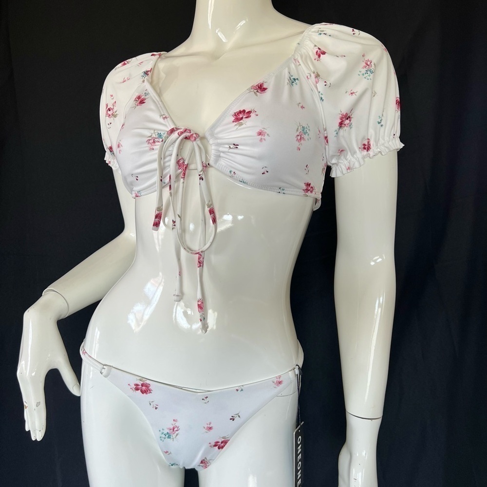 OneOne Floral Bikini Set Small NWT White Pink Puff Sleeve Tie Front Swimwear